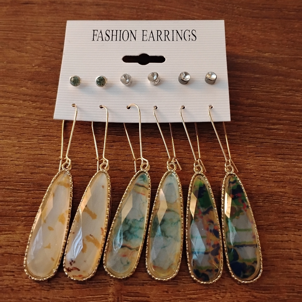Gold-Tone Teardrop Marble Pattern Dangle Earrings - Set of 6